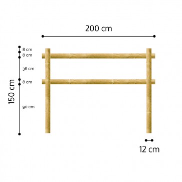 Onlywood Staccionata a 2 traverse in Pino certificato due fori (misure L 200cm x H 150cm) - Modulo iniziale con 2 piantoni