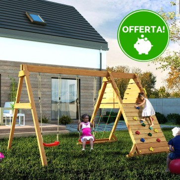 Parco Giochi in Legno Verniciato Color Teak Fungoo SPIDER con Altalene e Parete d'Arrampicata