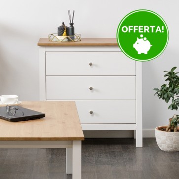 Settimino in legno Massello 3 Cassetti verniciato Bianco con ripiano Naturale - Dimensioni 75 x 37 x 75 h. cm