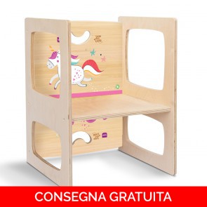Onlywood Sedia Montessori in legno UNICORNI con Disegni Colorati
