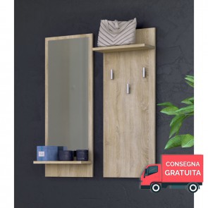 Attaccapanni da muro in legno RIVA color Rovere Chiaro 70 x 16 x 90 h cm - Con specchio