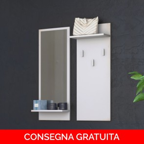 Onlywood Attaccapanni da muro in legno RIVA color Bianco Opaco 70 x 16 x 90 h cm - Con specchio
