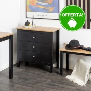 Settimino in legno Massello 3 Cassetti verniciato Nero con ripiano Naturale - Dimensioni 75 x 37 x 75 h. cm