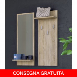 Onlywood Attaccapanni da muro in legno RIVA color Rovere Chiaro 70 x 16 x 90 h cm - Con specchio