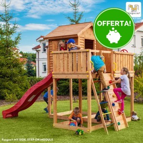 Parco Giochi in Legno Verniciato Color Teak Fungoo MY SIDE Torre con Scivolo e Casetta
