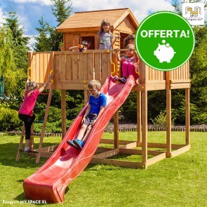 Parco Giochi in Legno Verniciato Color Teak Fungoo MY SPACE XL Torre con Scivolo e Casetta