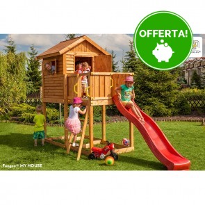 Parco Giochi in Legno Verniciato Color Teak Fungoo MY HOUSE Torre con Scivolo e Casetta