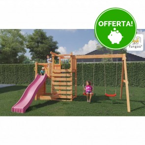Parco Giochi in Legno Verniciato Color Teak Fungoo con  Scivolo e Altalene