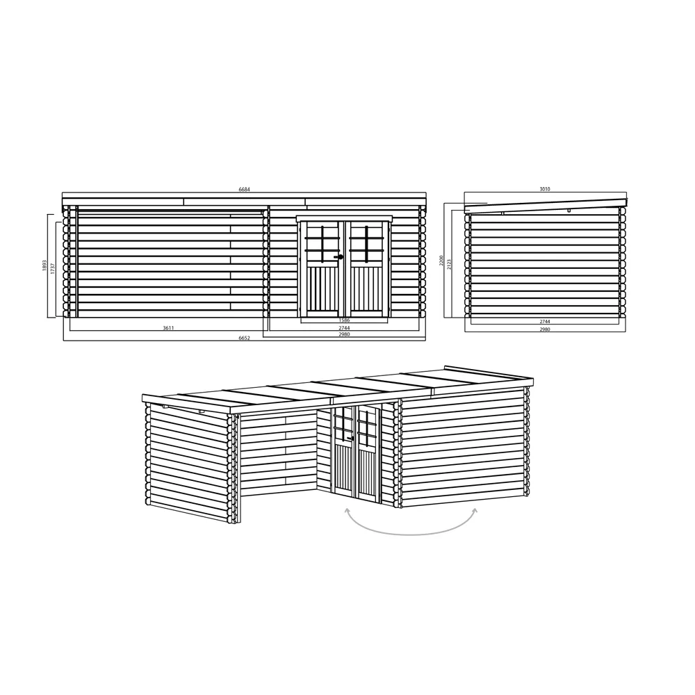 Casetta con pergolato in legno IMPREGNATO ROHAN 668 x 301 x 220 spessore 28 pavimento COMPRESO - Carico neve 30 kg/mq-28256