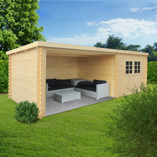 Casetta con pergolato in legno IMPREGNATO ROHAN 668 x 301 x 220 spessore 28 pavimento COMPRESO - Carico neve 30 kg/mq-0
