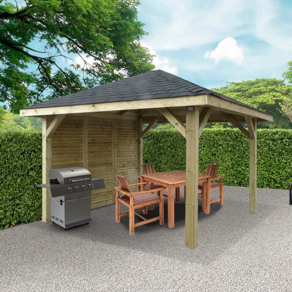 Gazebo in Legno Chiuso KIOSK Tetto con tegole + frangivista 347x347 cm - Antivento-0