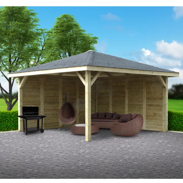 Gazebo in Legno Chiuso KIOSK Tetto con tegole + frangivista 437x437 cm - Antivento-0