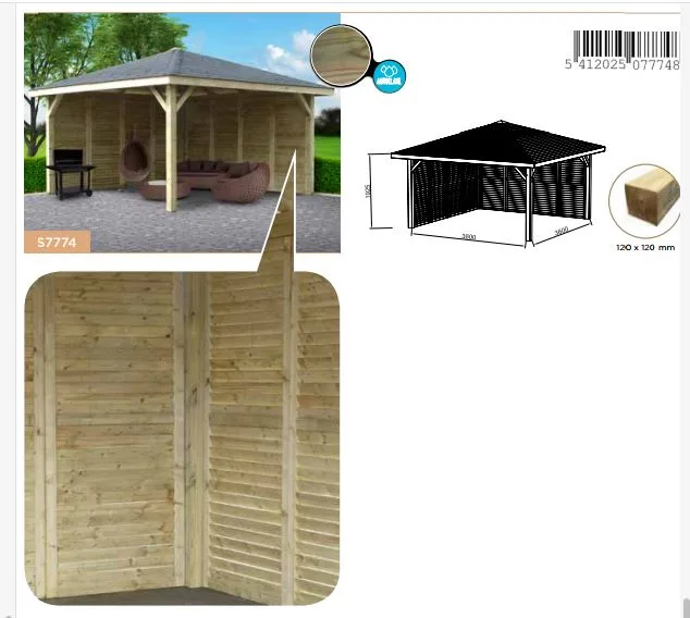 Gazebo in Legno Chiuso KIOSK Tetto con tegole + frangivista 437x437 cm - Antivento-45355