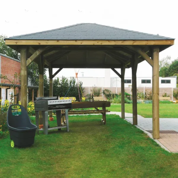 Gazebo in Legno KIOSK Tetto con tegole 629x347 cm - Antivento-0