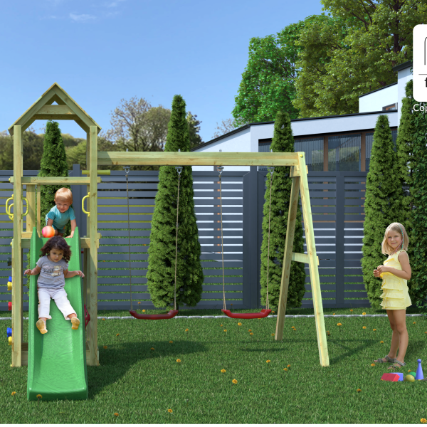 Parco Giochi in Legno Autoclavato Fungoo FLAPPI Torre con Scivolo e Altalene-0