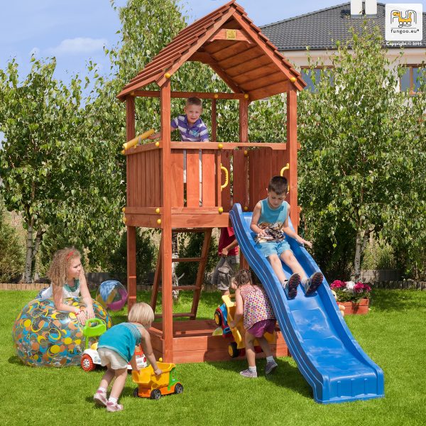 Parco Giochi in Legno Verniciato Color Teak Fungoo JOY Torre con Scivolo-0