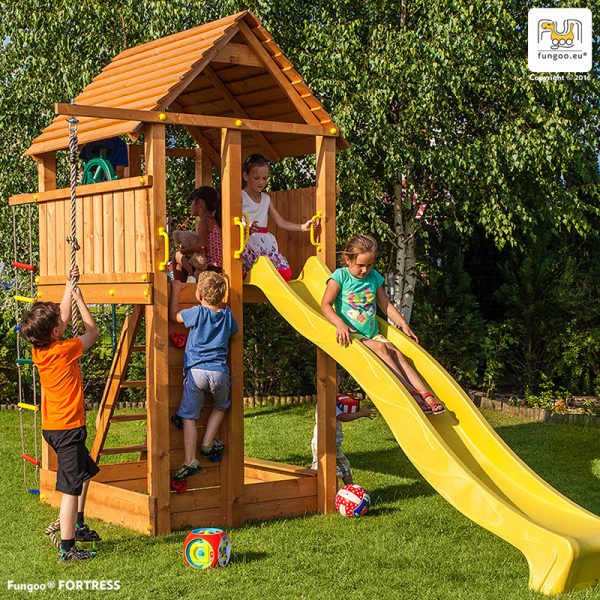 Parco Giochi in Legno verniciato Color Teak Fungoo FORTRESS Torre con Scivolo-0