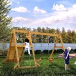 Parco Giochi in Legno Verniciato Color Teak Fungoo SPIDER con Altalene e Parete d'Arrampicata-34508