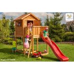 Parco Giochi in Legno Verniciato Color Teak Fungoo MY HOUSE Torre con Scivolo e Casetta-0