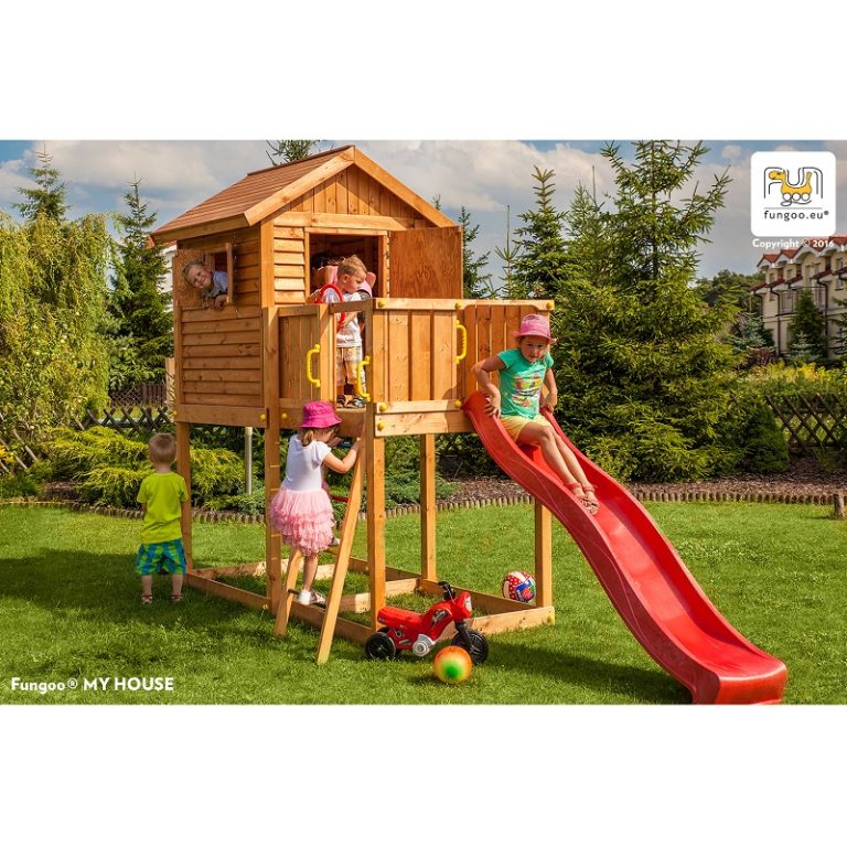Parco Giochi in Legno Verniciato Color Teak Fungoo MY HOUSE Torre con Scivolo e Casetta-0