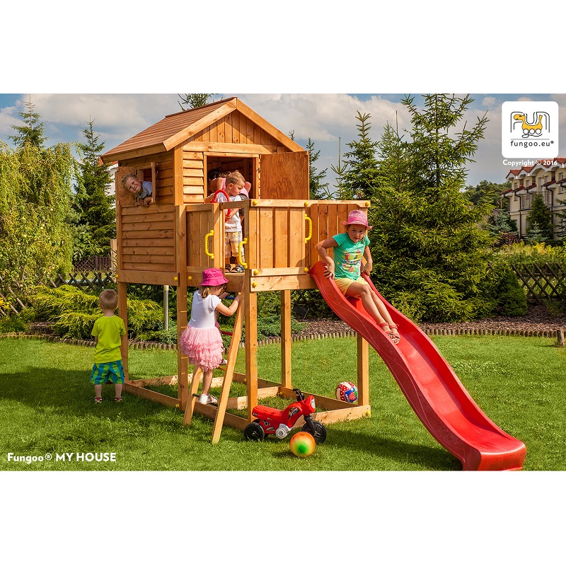 Parco Giochi in Legno Verniciato Color Teak Fungoo MY HOUSE Torre con Scivolo e Casetta-0 Parco Giochi in Legno Verniciato Color Teak Fungoo MY HOUSE Torre con Scivolo e Casetta-0