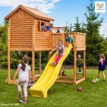 Parco Giochi in Legno Verniciato Color Teak Fungoo MY SIDE Torre con Scivolo e Casetta-34547