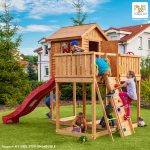 Parco Giochi in Legno Verniciato Color Teak Fungoo MY SIDE Torre con Scivolo e Casetta-0