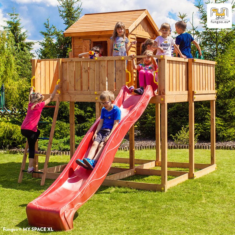 Parco Giochi in Legno Verniciato Color Teak Fungoo MY SPACE XL Torre con Scivolo e Casetta-0