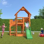 Parco Giochi in Legno Verniciato Color Teak Fungoo BIG LEADER Torre con Scivolo e Parete per Arrampicata-42451