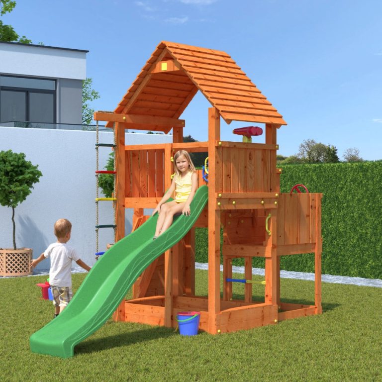 Parco Giochi in Legno Verniciato Color Teak Fungoo BIG LEADER Torre con Scivolo e Parete per Arrampicata-0