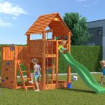 Parco Giochi in Legno Verniciato Color Teak Fungoo BIG LEADER Torre con Scivolo e Parete per Arrampicata-42452