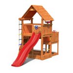 Parco Giochi in Legno Verniciato Color Teak Fungoo BIG LEADER Torre con Scivolo e Parete per Arrampicata-42448