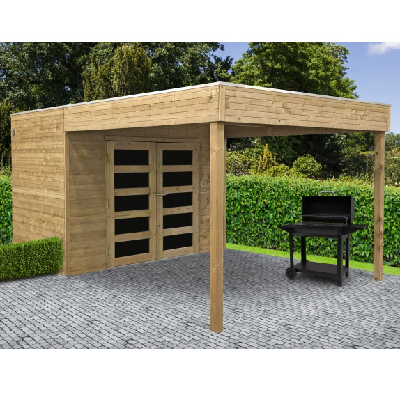 Casetta in legno impregnato POTENZA 496 x 298 x 225 h. cm con pergolato - Carico neve 30 kg al Mq-0