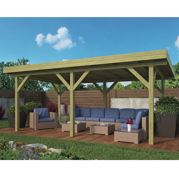Onlywood Gazebo in Legno Impregnato MODERN 592 x 340 cm con Tetto in Legno Piatto - Antivento-0