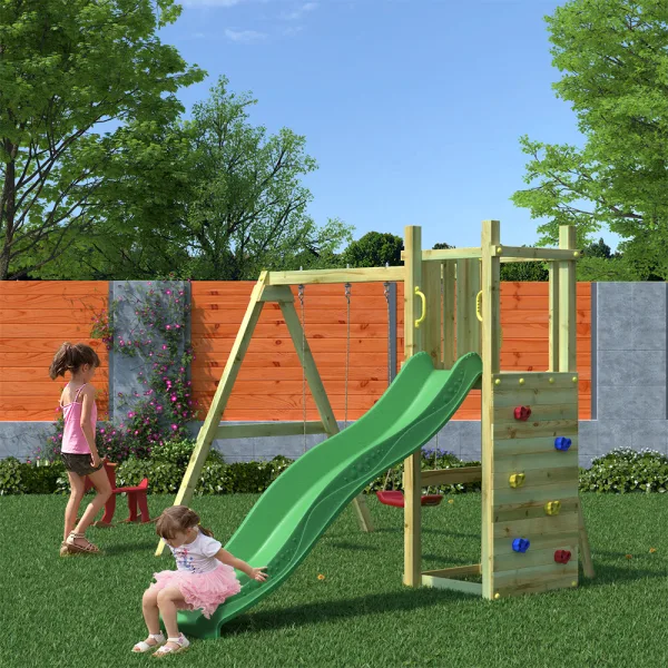 Parco Giochi in Legno Autoclavato Fungoo FUNNY 3 con Altalena doppia e Scivolo-0