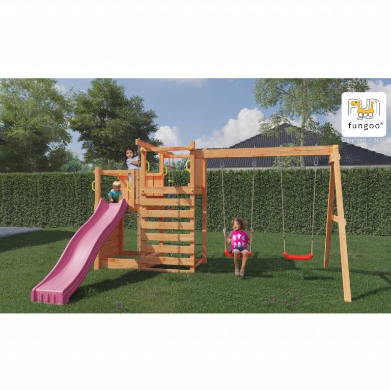 Parco Giochi in Legno Verniciato Color Teak Fungoo con Scivolo e Altalene-0