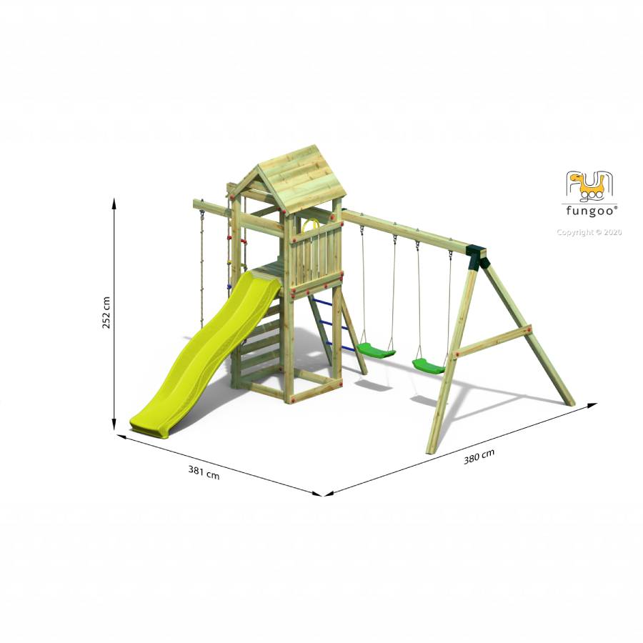 Parco Giochi in Legno Autoclavato Fungoo GAIA Torre con Scivolo e Altalene-43050