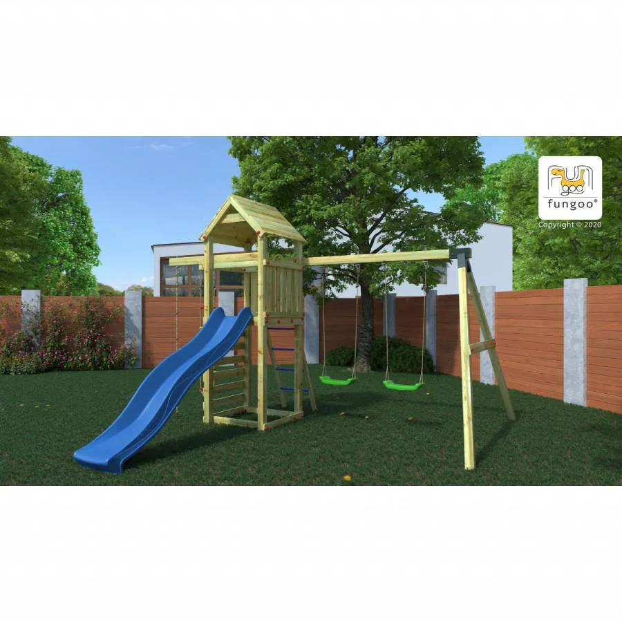 Parco Giochi in Legno Autoclavato Fungoo GAIA Torre con Scivolo e Altalene