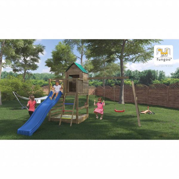 Parco Giochi in Legno Autoclavato Fungoo JARCAS Torre con Scivolo e Altalene-0