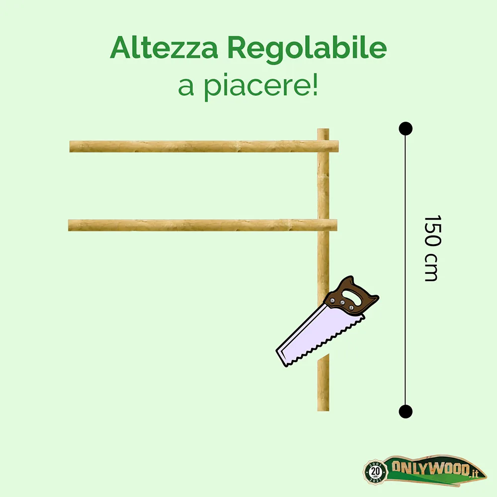 Onlywood Staccionata a 2 traverse in Pino certificato due fori (misure L 200cm x H 150cm) - Modulo continuativo con 1 piantone -49123
