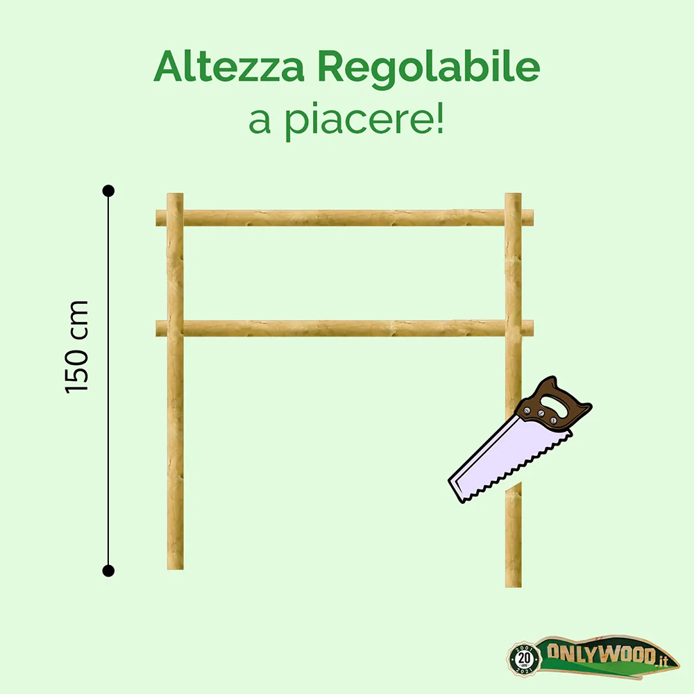 Onlywood Staccionata a 2 traverse in Pino certificato due fori (misure L 200cm x H 150cm) - Modulo iniziale con 2 piantoni-49119