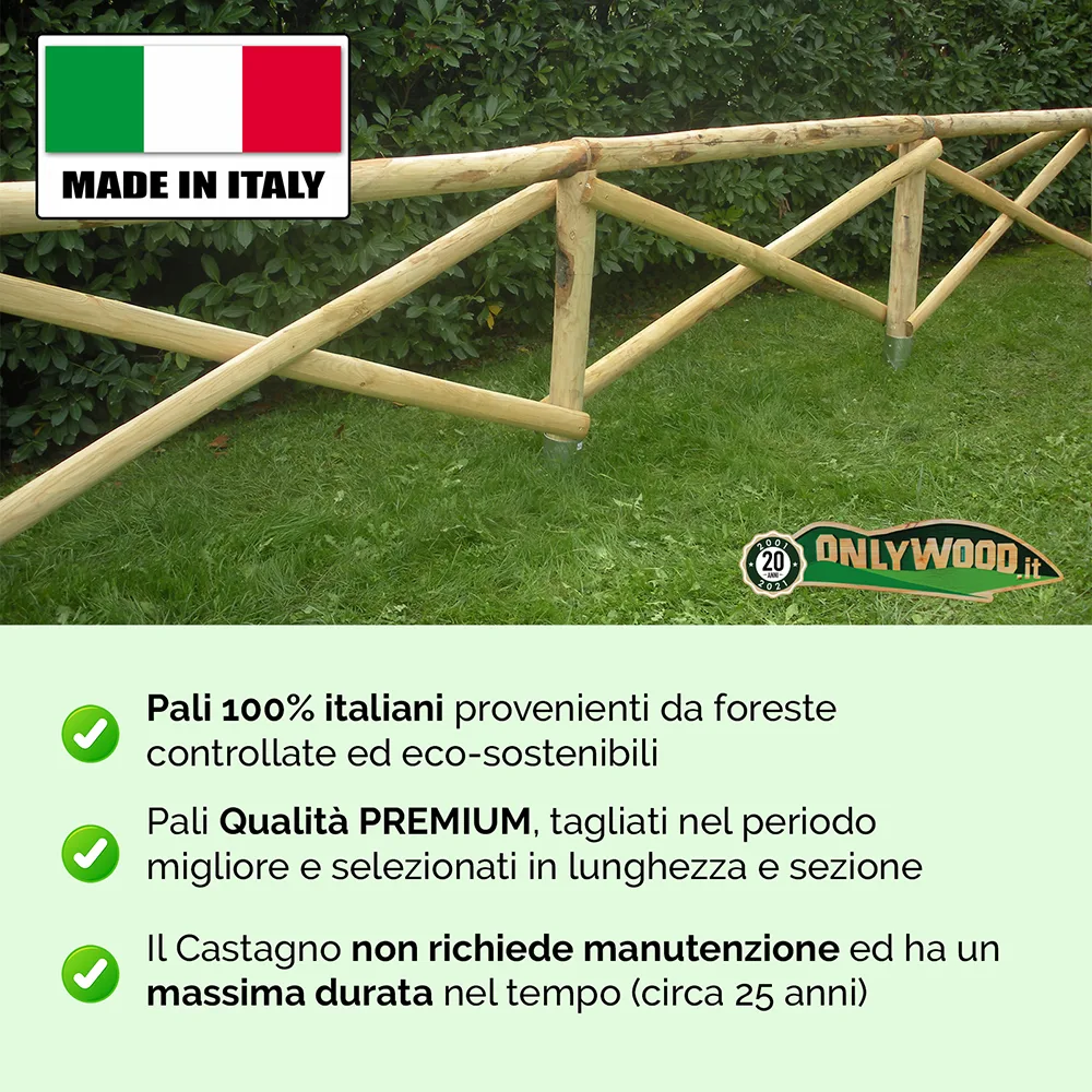 Onlywood Staccionata Croce S. Andrea in Castagno scortecciato (dimensioni L 200cm x H 150cm) - Modulo continuativo con 1 piantone-48898