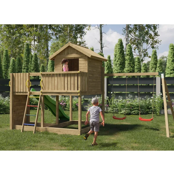 Parco Giochi in Legno Autoclavato Fungoo GALAXY L Torre con Altalene e Scivolo-0