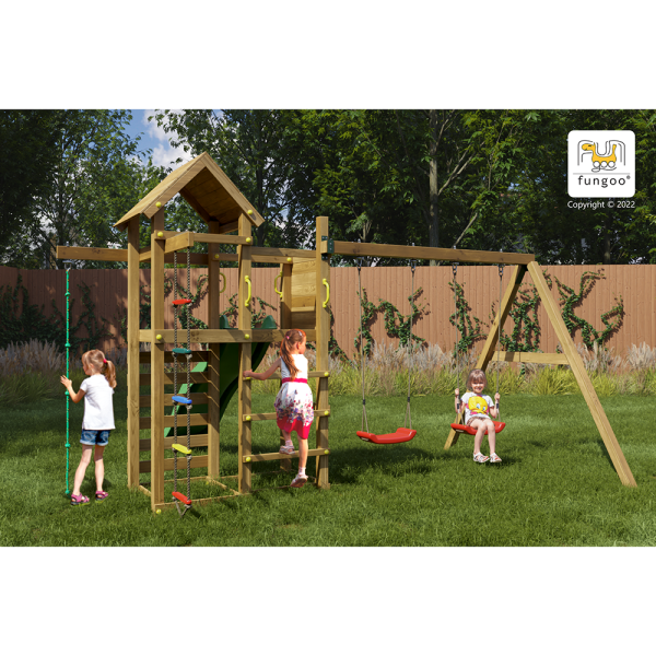 Parco Giochi in Legno Autoclavato Fungoo MIXTER Torre con Scivolo e Altalena Doppia-0