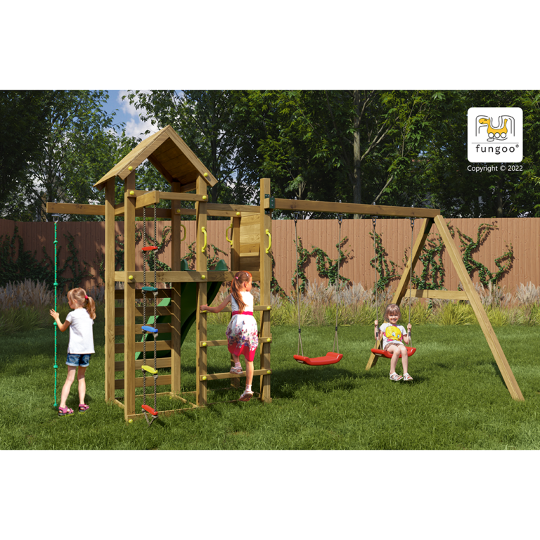Parco Giochi in Legno Autoclavato Fungoo MIXTER Torre con Scivolo e Altalena Doppia-0