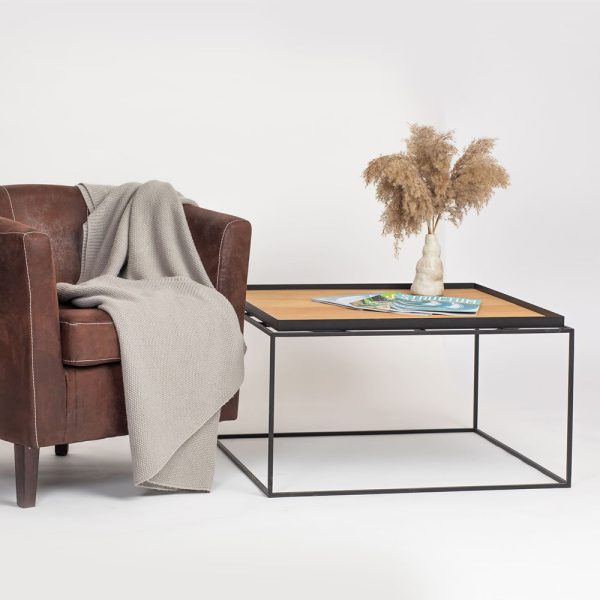 Tavolino da salotto in legno di Rovere impiallacciato con struttura in metallo nero verniciato - 80 x 80 x 44 h. cm-0