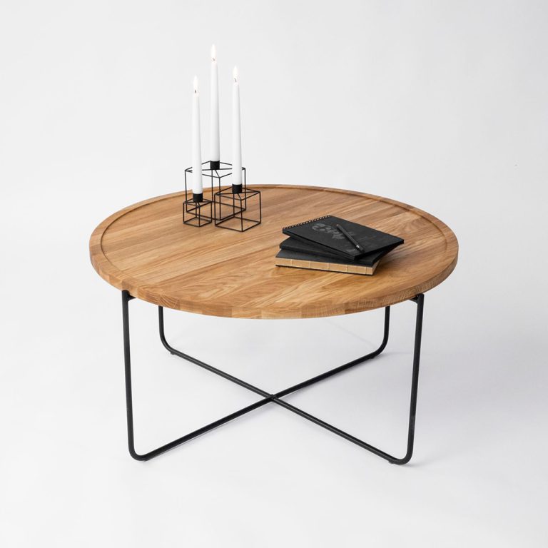 Tavolino da salotto in legno Massello di Rovere ALBERT con gambe in metallo nero verniciato - Ø 80 cm x 41 h. cm-0