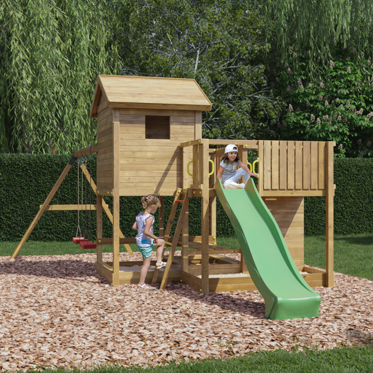 Parco Giochi in Legno Autoclavato Fungoo PLUTO Torre con Altalene e Scivolo-0
