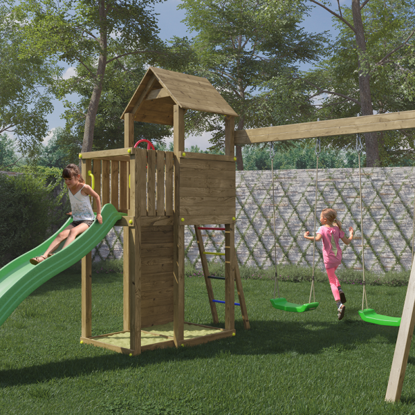 Parco Giochi in Legno Autoclavato Fungoo BOOMER con Scivolo e Altalene-0