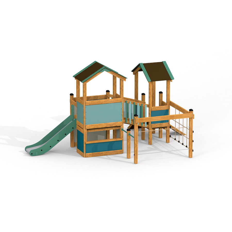 Parco Giochi in Legno di Larice TOWER Torre Doppia con Scivolo - Certificato EN 1176 Uso Pubblico-0